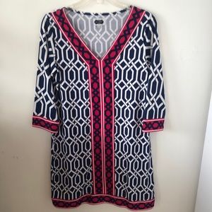 Mud‎ Pie 3/4 Sleeve Red, White & Blue Geometric Print V-Neck Dress Sz S - EUC